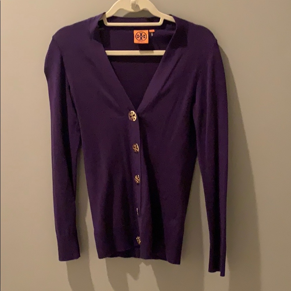 Tory Burch purple cardigan with gold buttons
